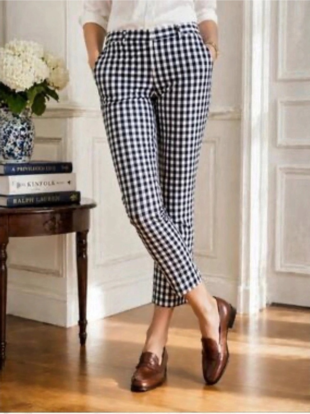 J.Crew Gingham Winnie Navy Blue Capri Cropped Cigarete Pants in Stretch Cotton